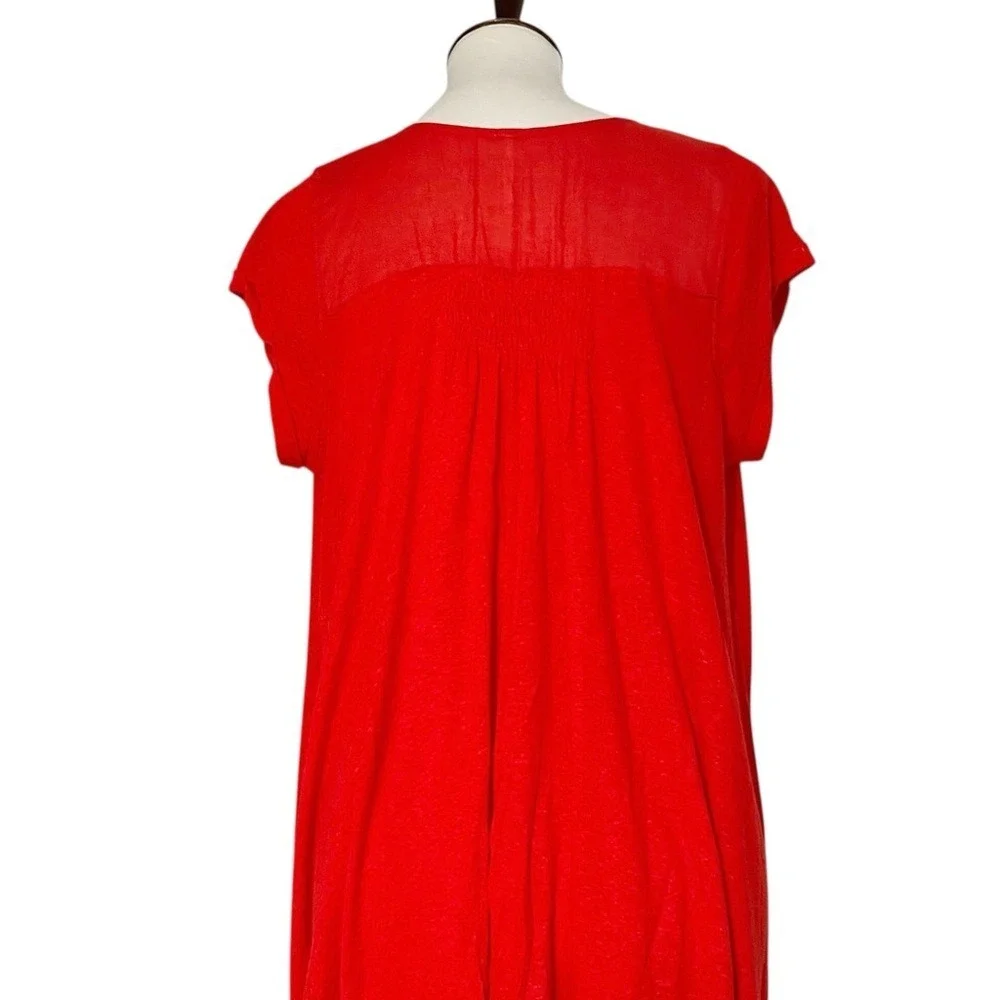 Free‎ People Highland V-Neck Linen Blend T-Shirt in Red Size XS